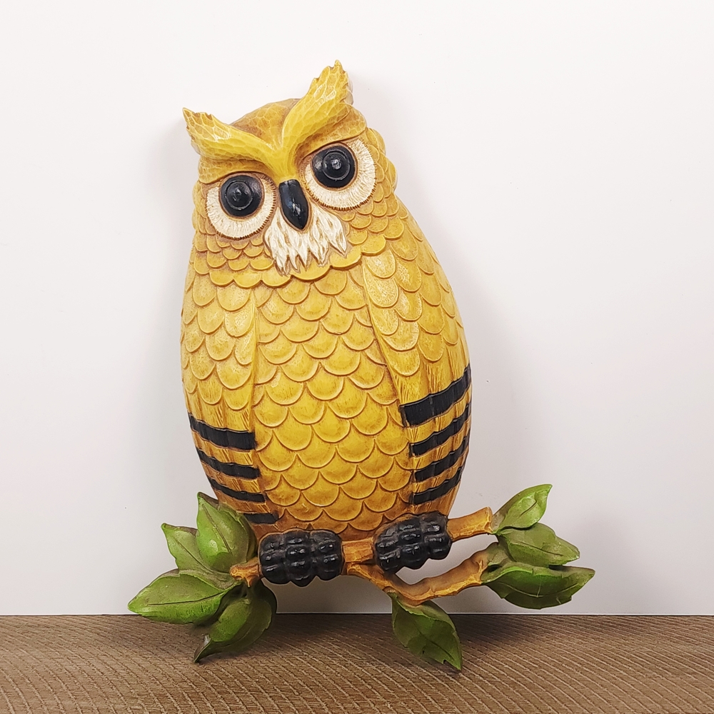 Homco Yellow Owl Figurine with Green Leaves